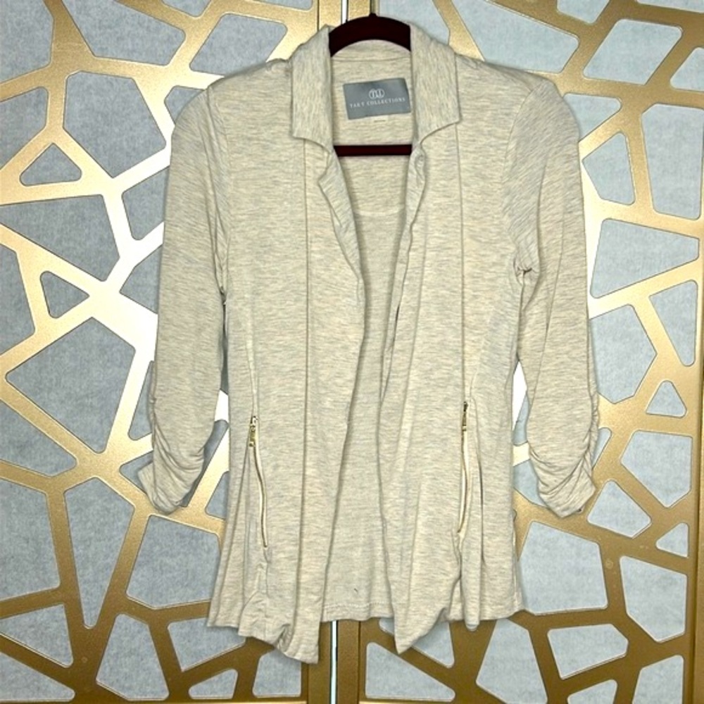Tart Open Front Jacket Sweater Cardigan  Beige Long Sleeve Zip‎ Pockets